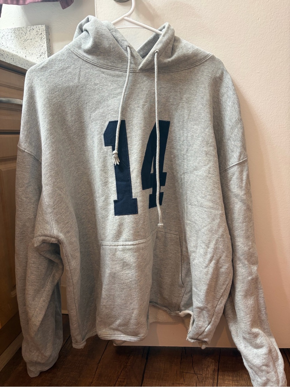 Brandy Melville Light Gray Hoodie with Navy '14' Graphic